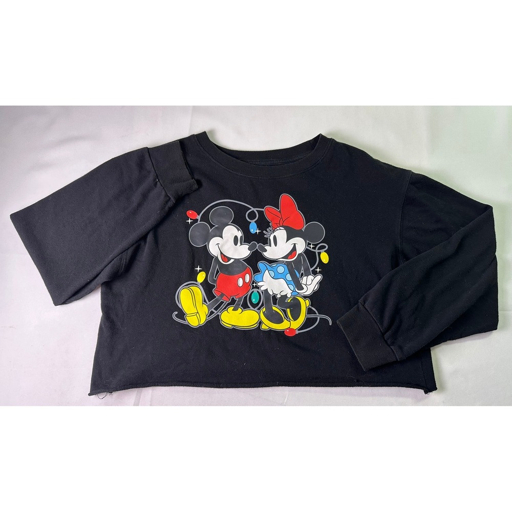 Disney Mickey Minnie Mouse Christmas Lights Cropped Sweatshirt Black Fleece Sz L
